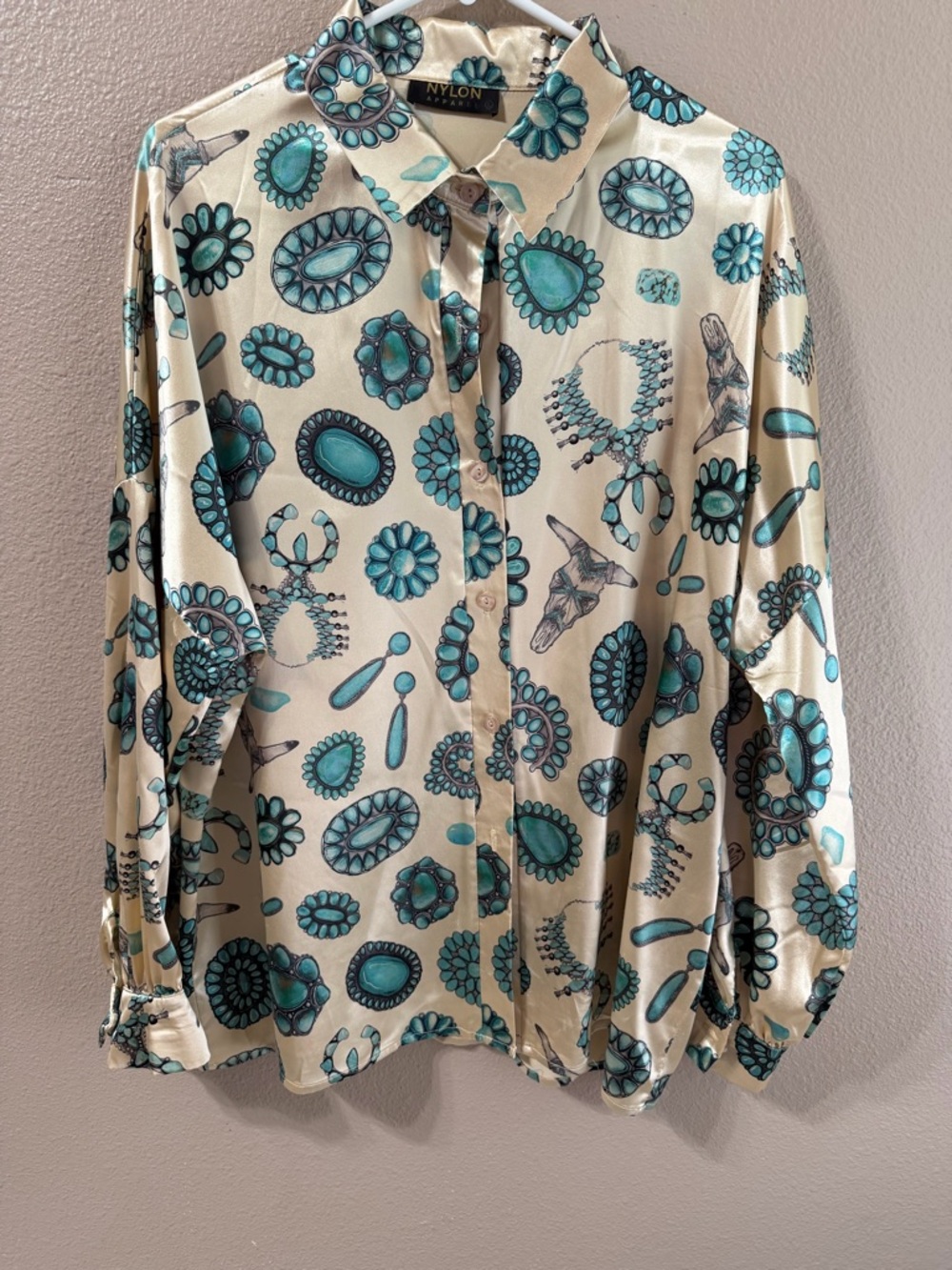 Nylon Cream Button-Down Shirt with Turquoise Motif
